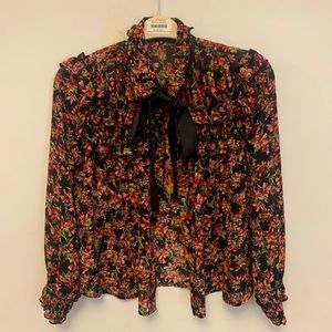 Zara long sleeve floral blouse with ribbon ascot / tie neck detail
